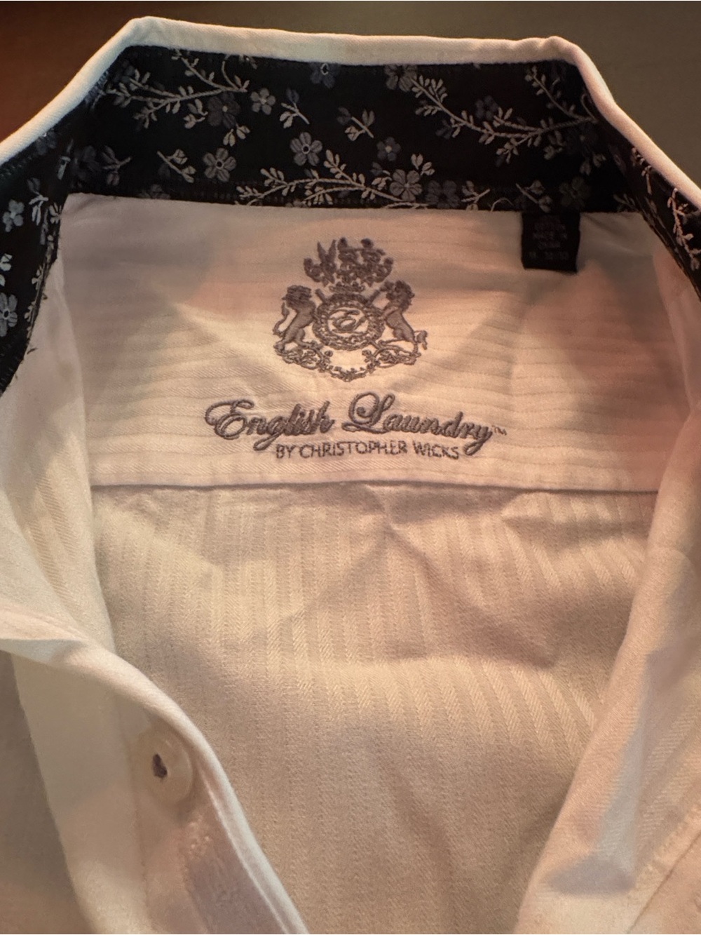 English Laundry White Pinstripe Dress Shirt with Dark Floral Inner Collar
